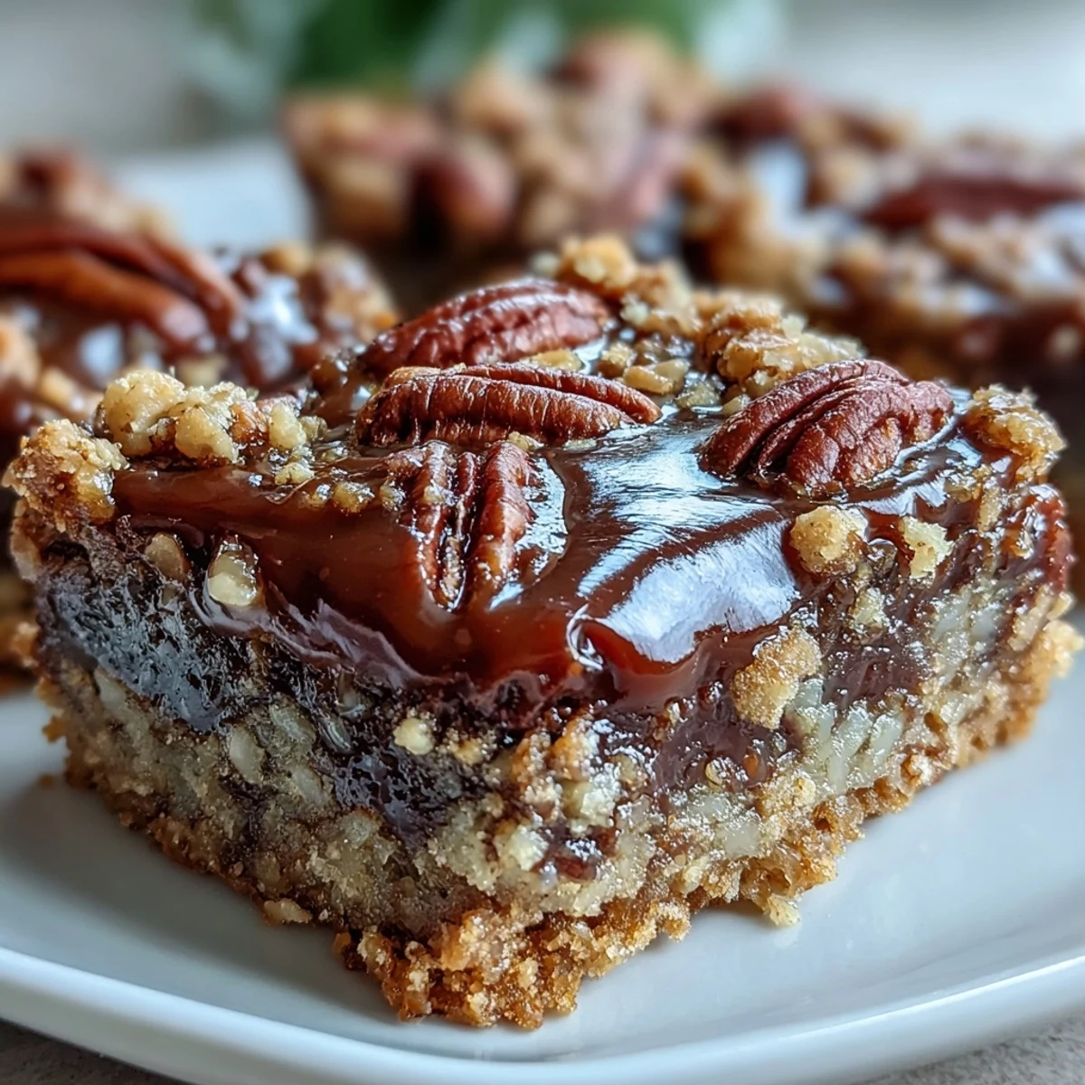 Baked Decadent Sweet and Chewy Turtle Bars with Chocolate and Caramel topped with toasted pecans on a rustic wooden board.