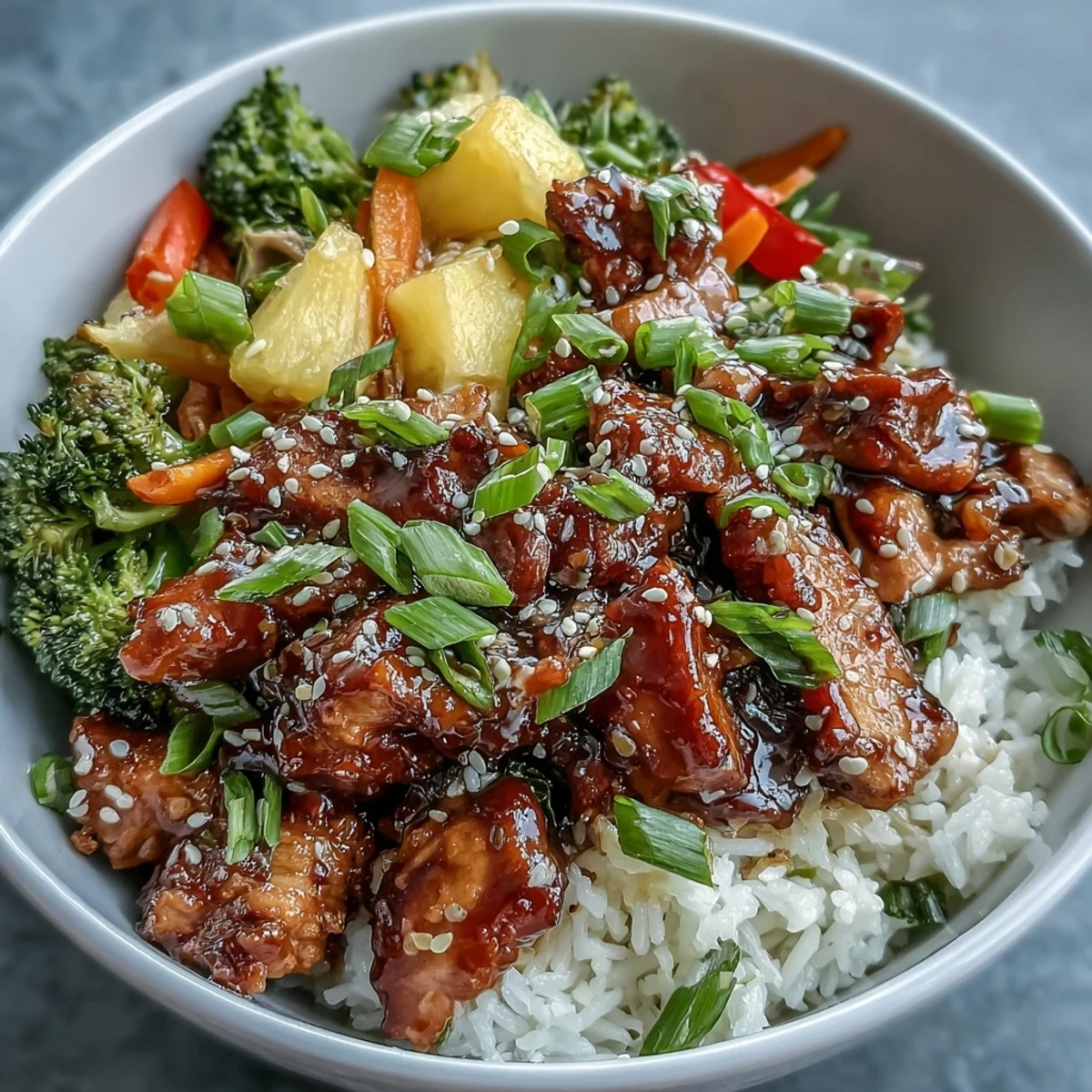 This vibrant Teriyaki Chicken and Rice Bowl features glossy, tender chicken glazed in a sweet and savory sauce over fluffy steamed rice.