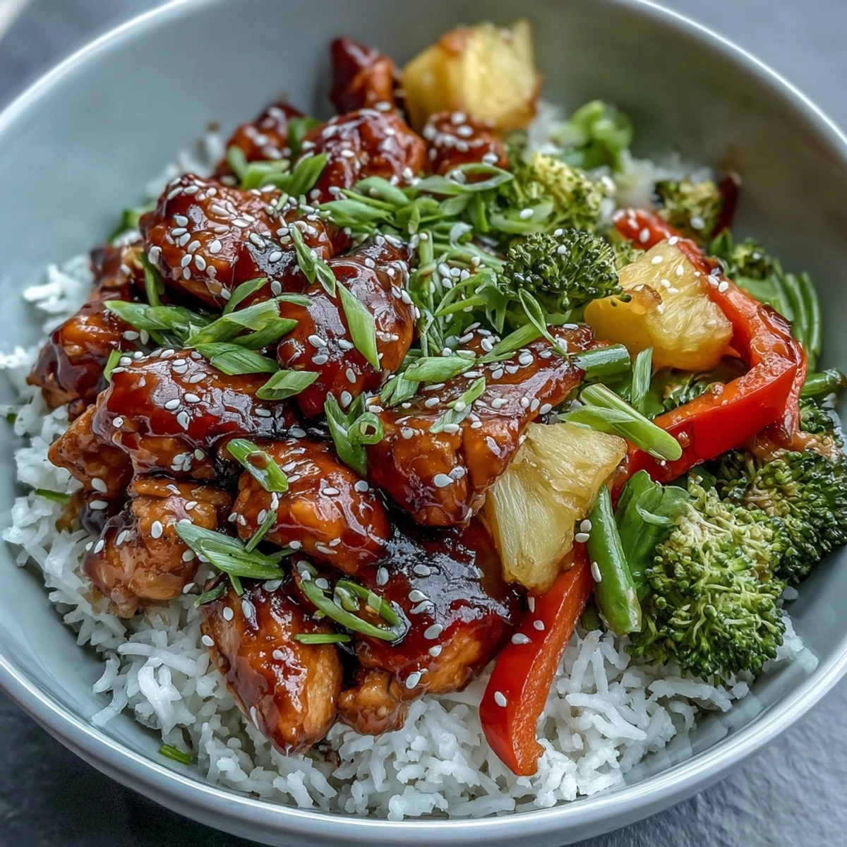 Teriyaki Chicken and Rice Bowl plated with juicy chicken and colorful vegetables, garnished with sesame seeds and scallions for extra flavor.
