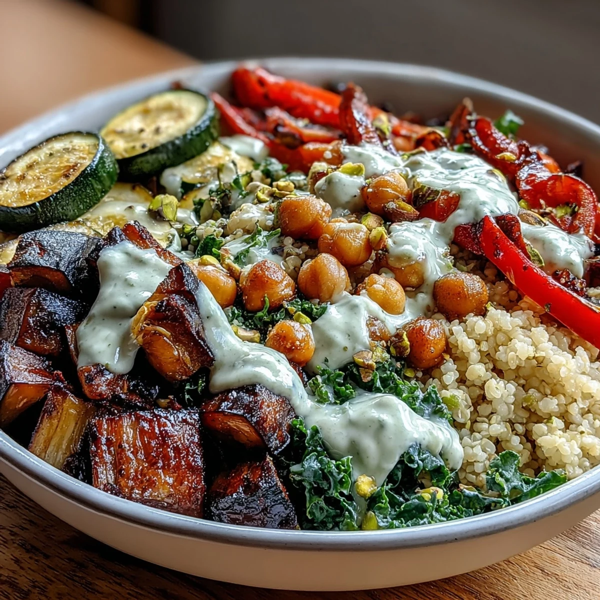 A close-up of Mediterranean Buddha Bowl Meal Prep reveals creamy tahini dressing drizzled over hearty chickpeas and colorful roasted vegetables, perfect for a healthy weekly lunch.