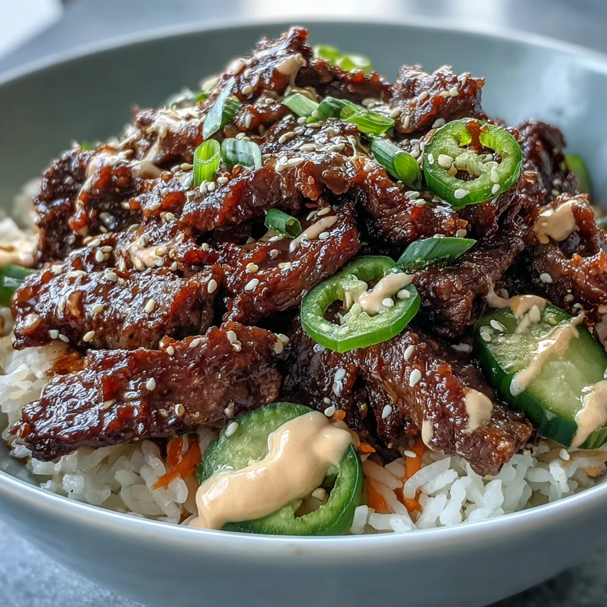 Korean Beef Power Bowl with sesame-ginger beef, pickled carrots, cucumber, and spicy mayo over fluffy rice.