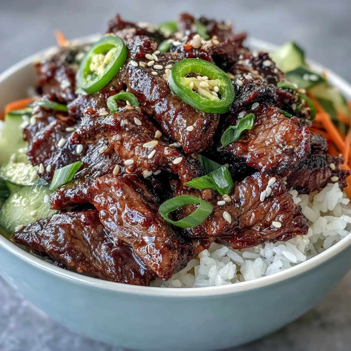 Freshly assembled Korean Beef Power Bowl topped with sesame seeds and green onions, drizzled with creamy sriracha mayo.