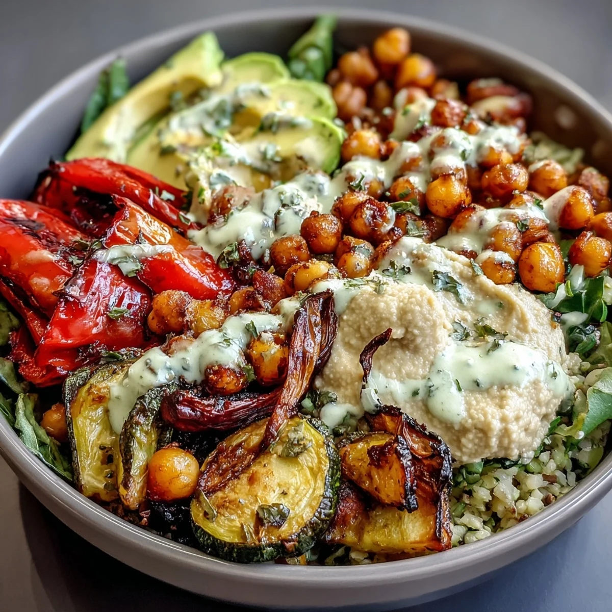A close-up shows creamy tahini dressing drizzled over a vibrant Vegan Mediterranean Buddha Bowl, garnished with Kalamata olives and sliced avocado.