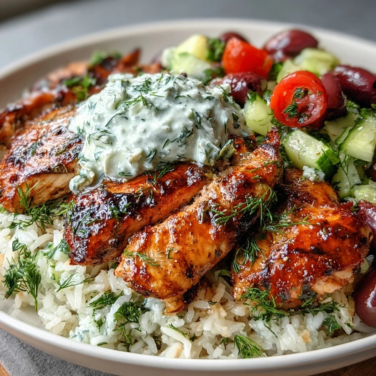 Juicy Greek-seasoned chicken slices, herbed rice, and a vibrant tomato-cucumber salad topped with creamy tzatziki and briny Kalamata olives in a bowl.