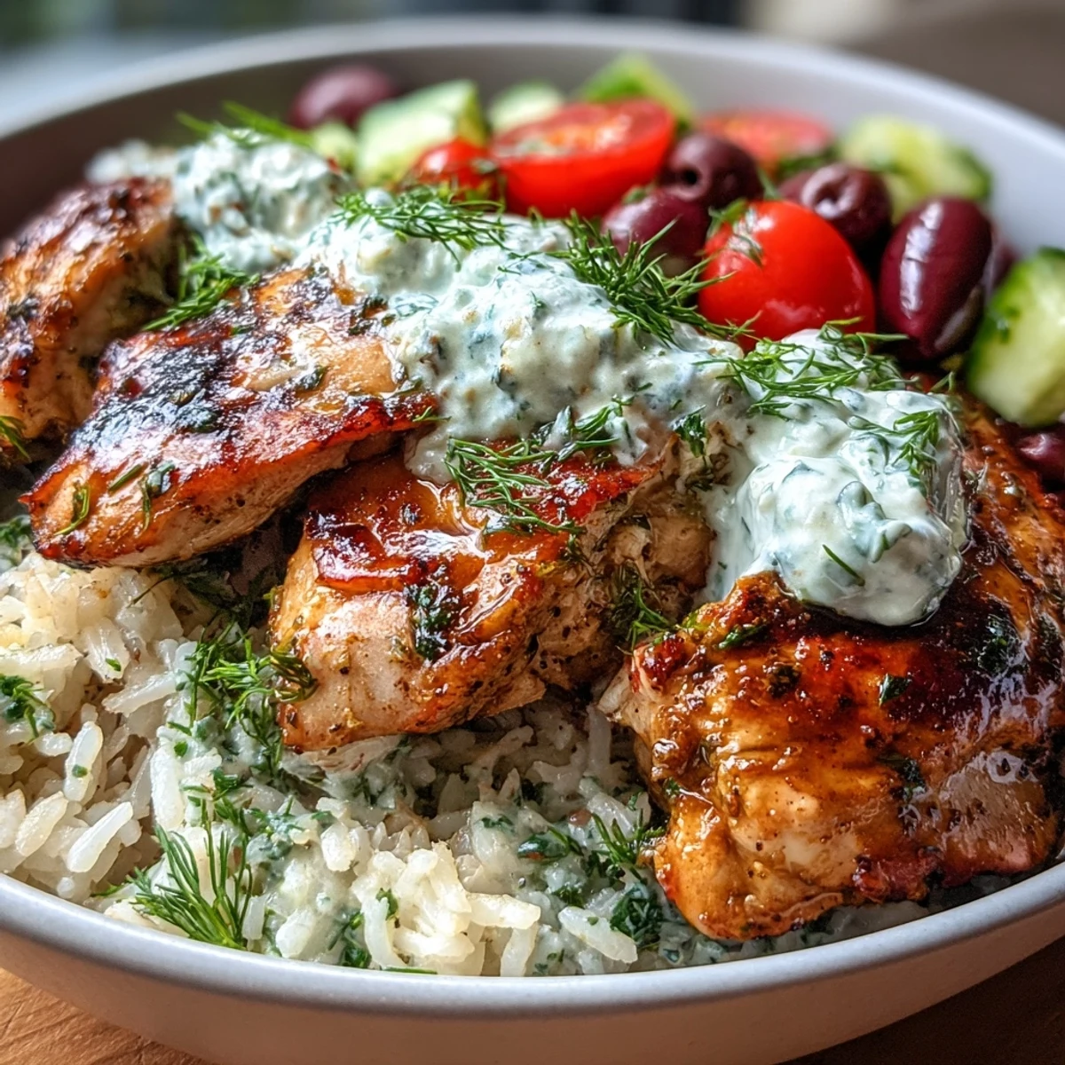 A colorful Greek Chicken Bowl featuring golden herbed rice, grilled chicken, cherry tomatoes, cucumbers, olives, and a generous dollop of creamy tzatziki sauce.
