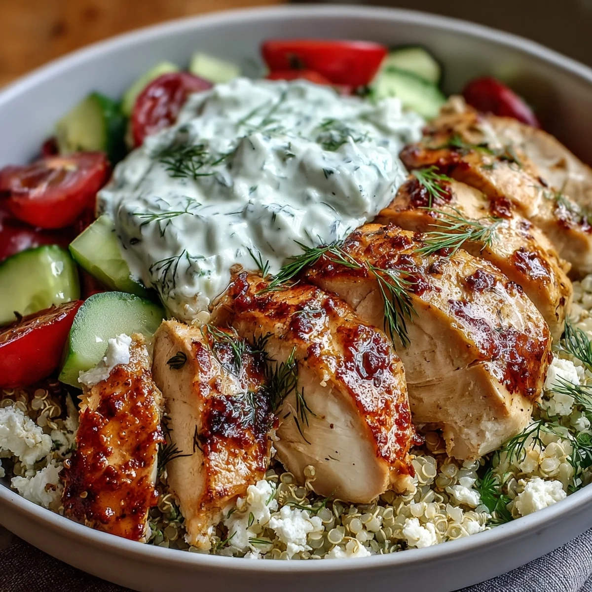 Brightly colored Greek Chicken Power Bowl with juicy grilled lemon-herb chicken, fluffy quinoa, crisp cucumber, and cherry tomatoes topped with creamy tzatziki.