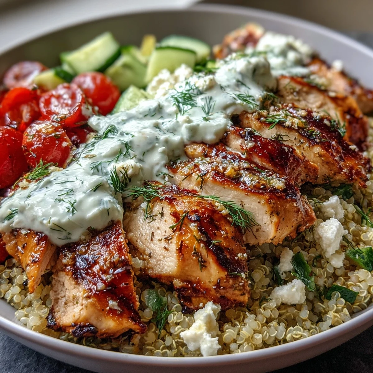 Vibrant Greek Chicken Power Bowl with tender lemon-herb chicken, fluffy quinoa, crisp veggies, and creamy tzatziki, served ready for a satisfying high-protein lunch or dinner.