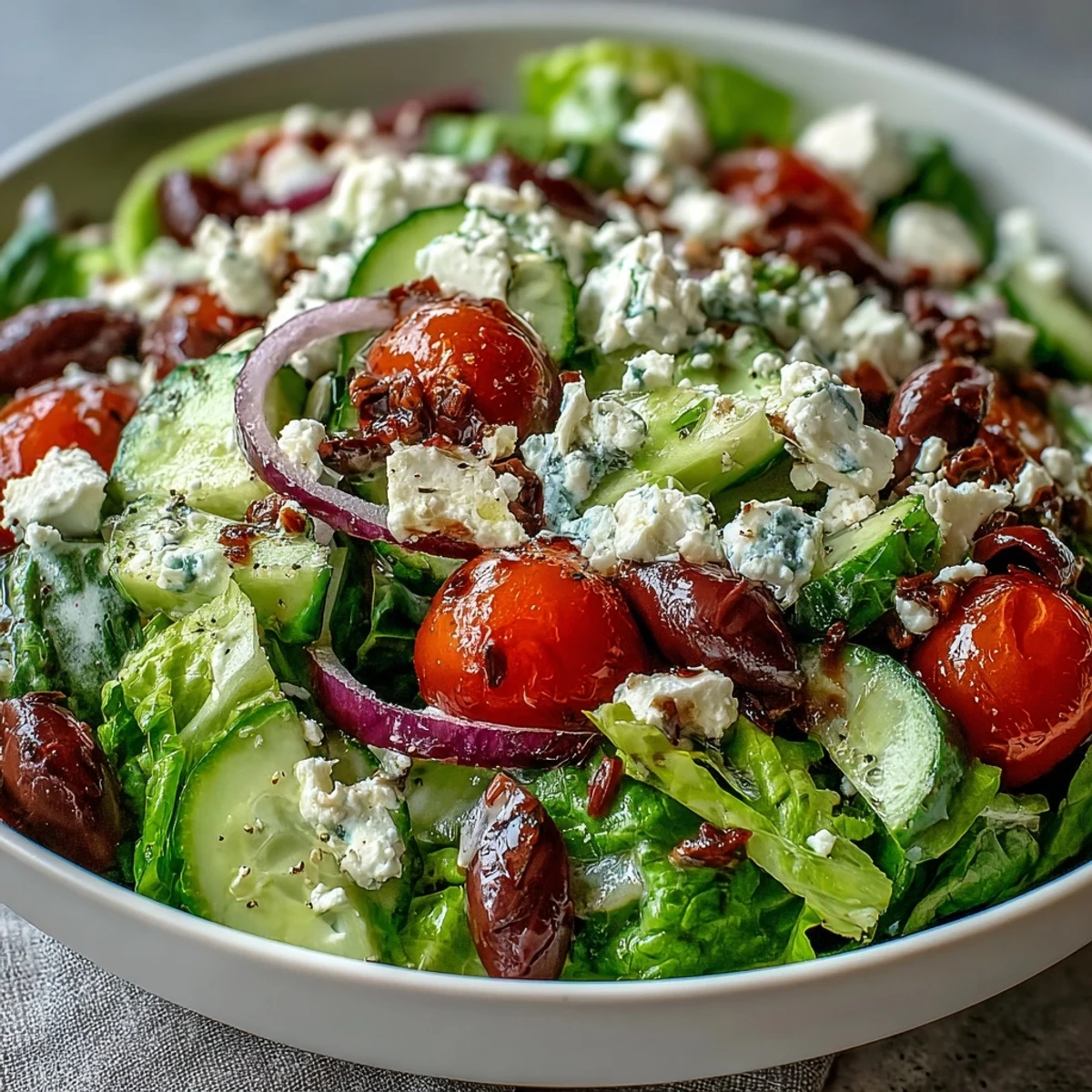 Overhead view of a Greek Salad Bowl featuring colorful vegetables, tangy red onion, and crumbled feta cheese on a rustic wooden table.  