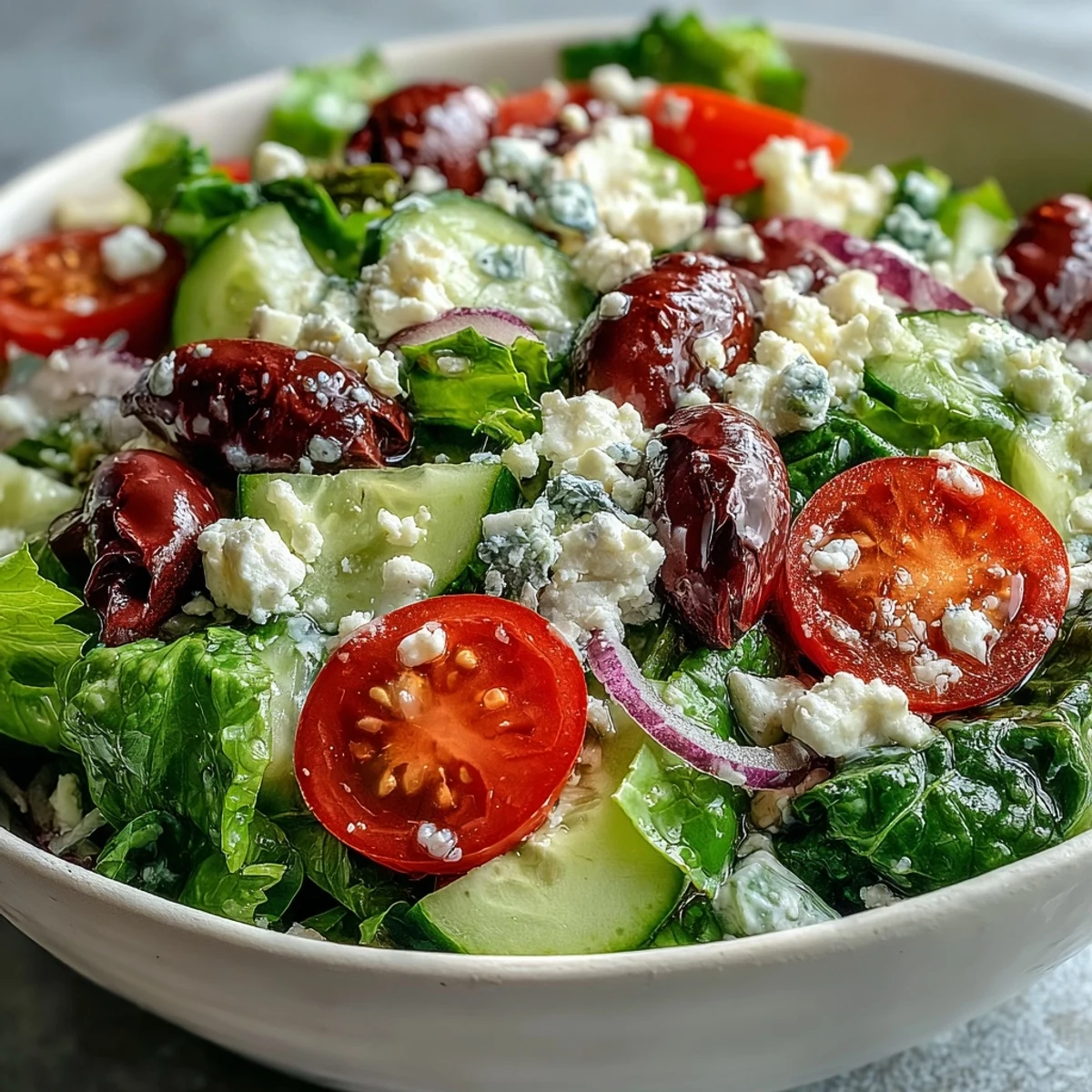 A fresh Greek Salad Bowl drizzled with olive oil vinaigrette, ready to serve as a light vegetarian meal or refreshing side dish.