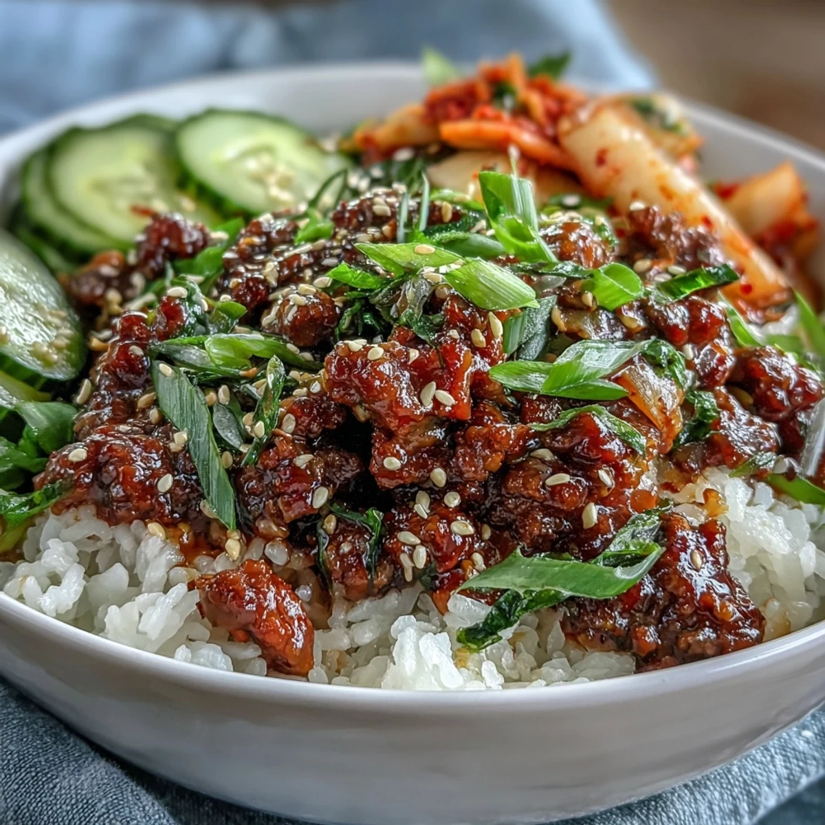 Spicy Korean Ground Beef Bowl with fresh cucumber and carrots served over white rice.