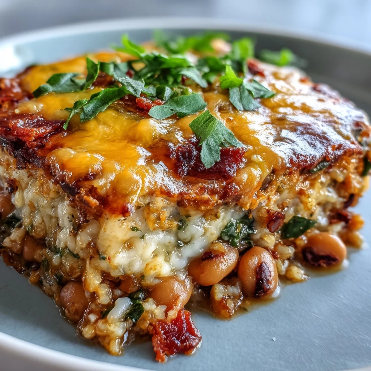A steaming, cheesy Tex-Mex Black Eyed Pea Casserole served in a baking dish, topped with melted cheddar and fresh cilantro.