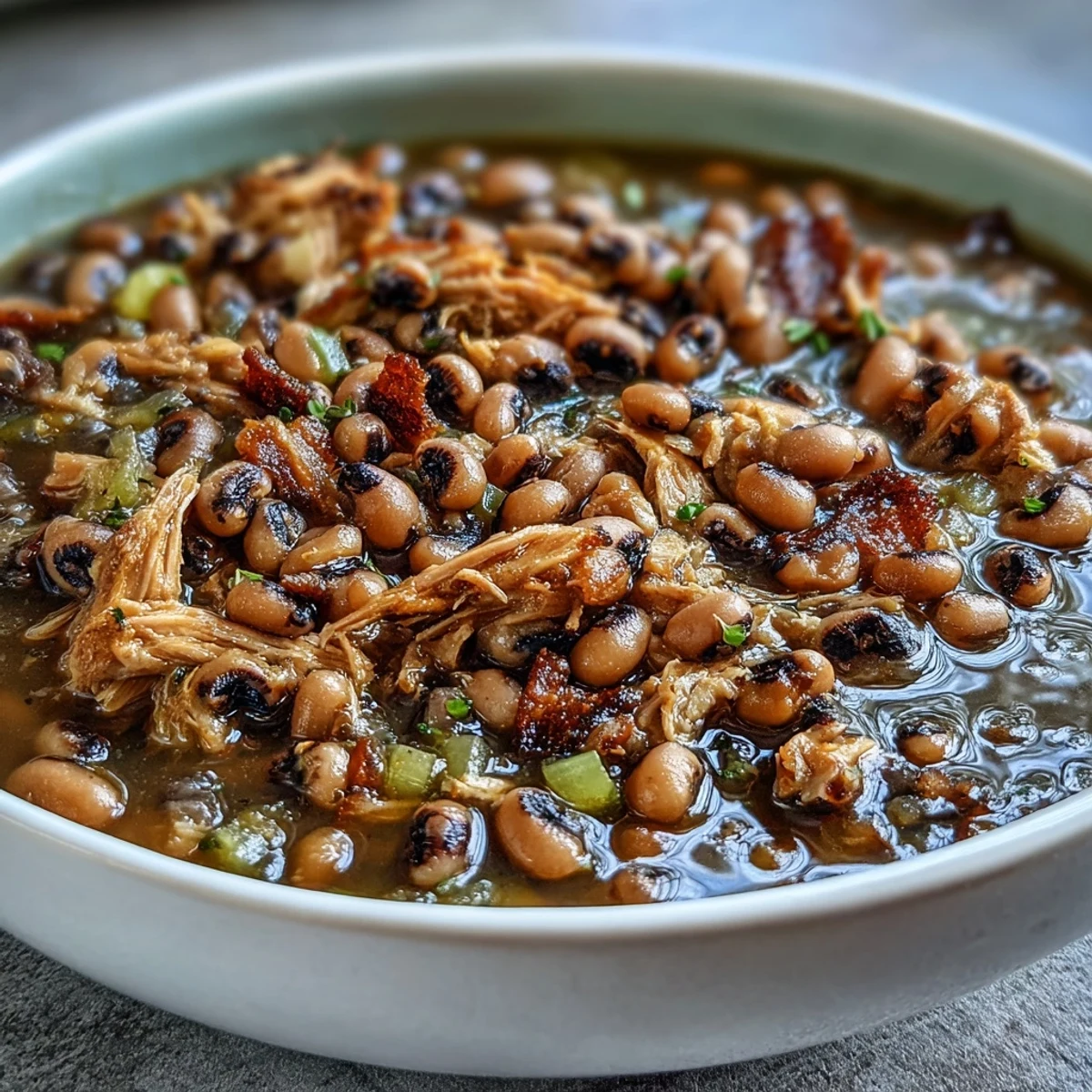Close-up of black-eyed peas with smoked turkey, highlighting the rich, smoky broth and tender shredded meat.