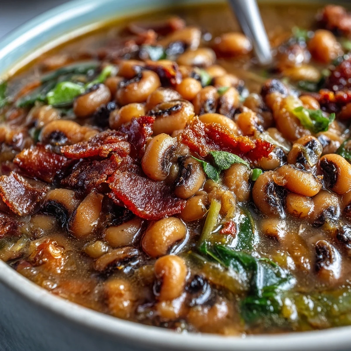 Rich Texas Black-Eyed Peas featuring tender legumes, chili powder, and diced bacon in a thick, savory broth.
