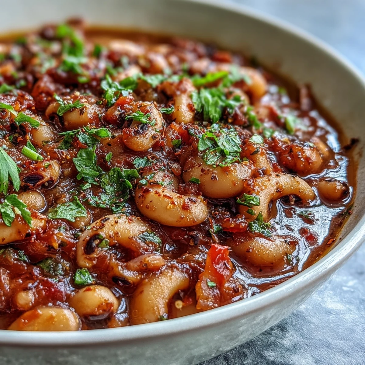 Hearty Greek-Style Slow Cooker Black-Eyed Peas served in a rustic bowl with lemon wedges and crumbled feta on the side.  