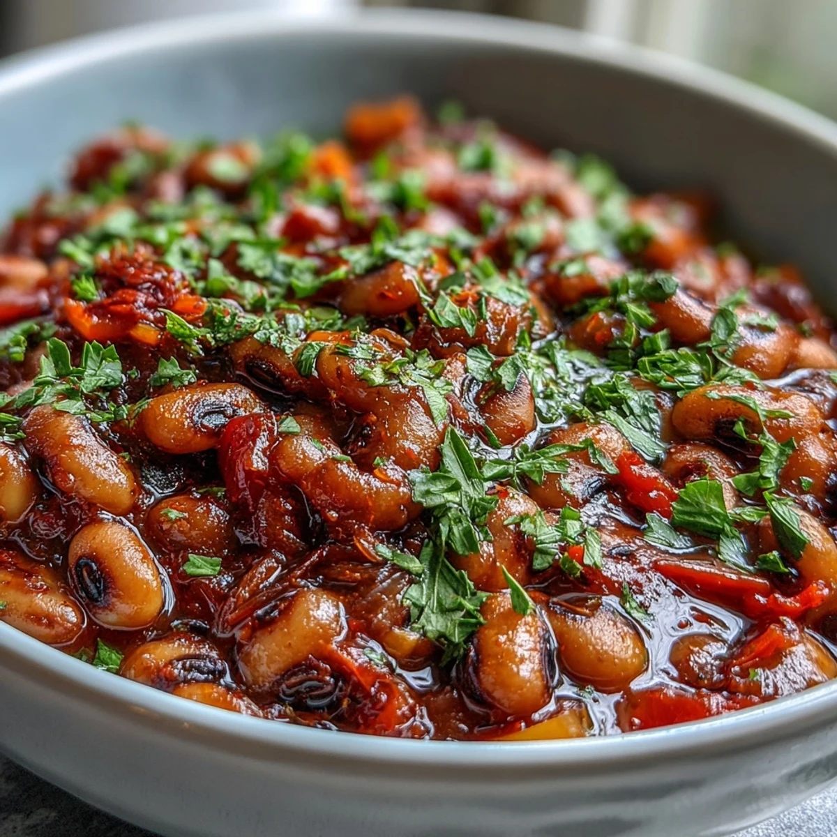 Slow cooker view of Greek-Style Black-Eyed Peas simmering with olive oil, oregano, and vegetables in a rich tomato broth.