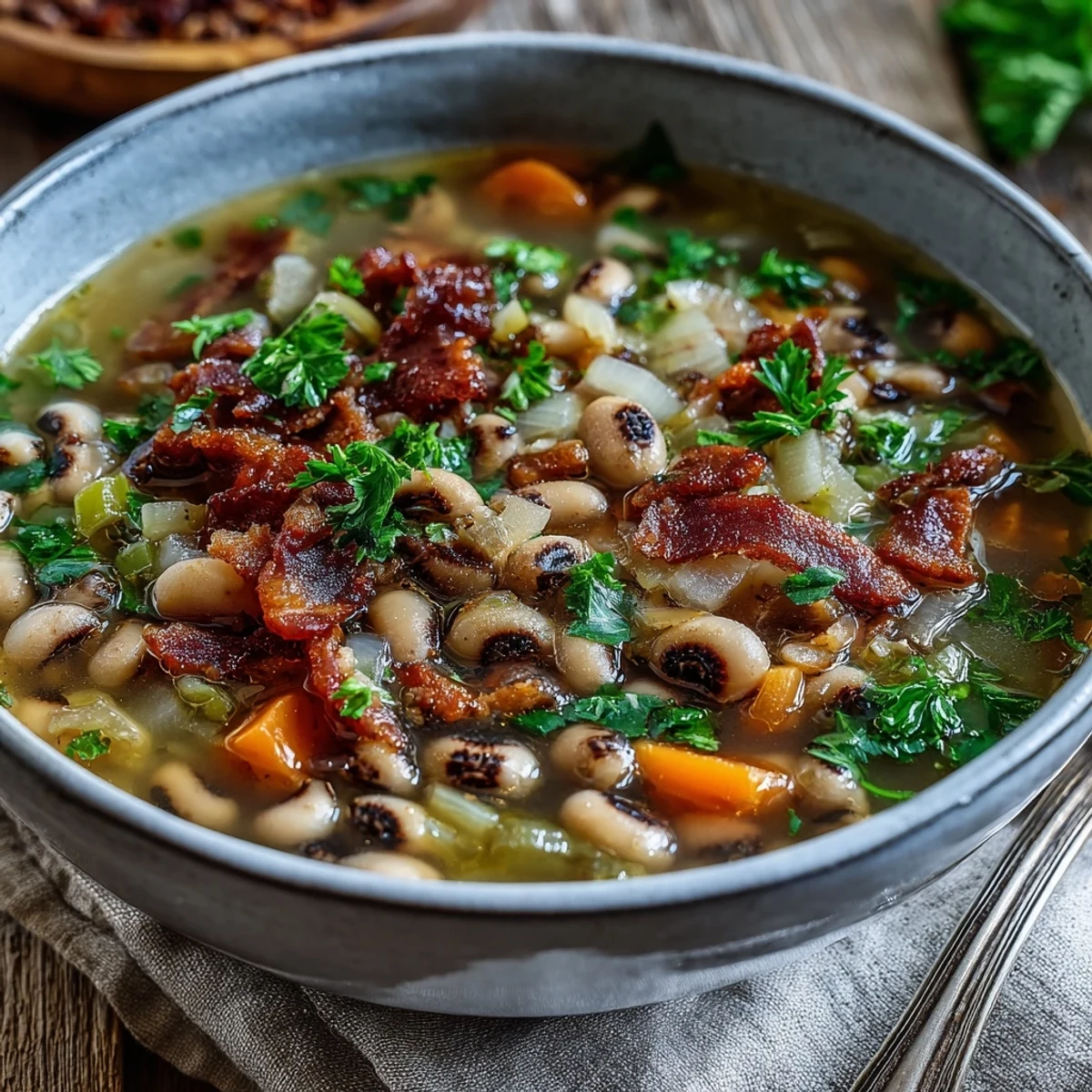 A steaming bowl of Black-Eyed Peas and Bacon Soup garnished with fresh parsley and crispy bacon bits.  