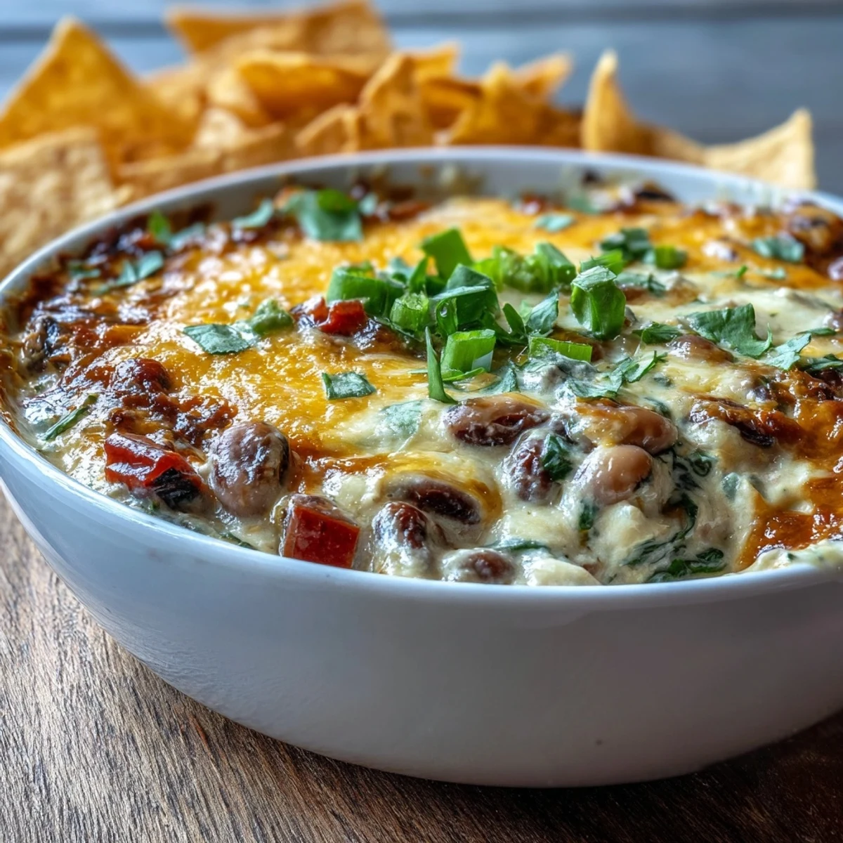 Warm Black-Eyed Pea Dip in a baking dish, garnished with green onions and red bell peppers, ready for a game day party.