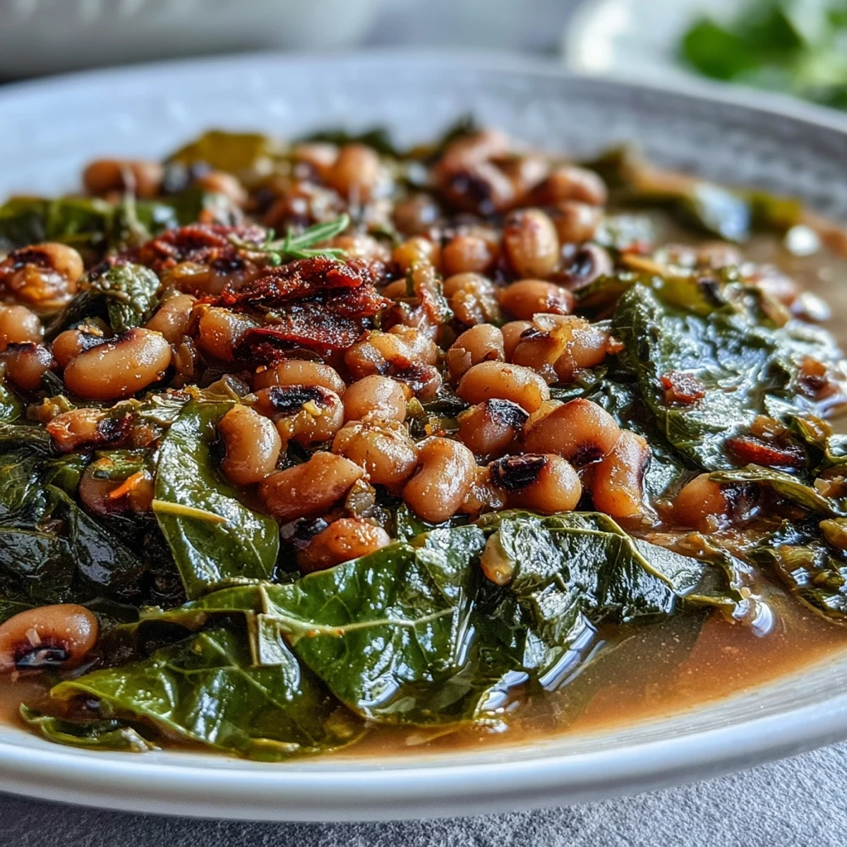 A steaming bowl of Black-Eyed Peas With Collard Greens served alongside golden cornbread wedges.