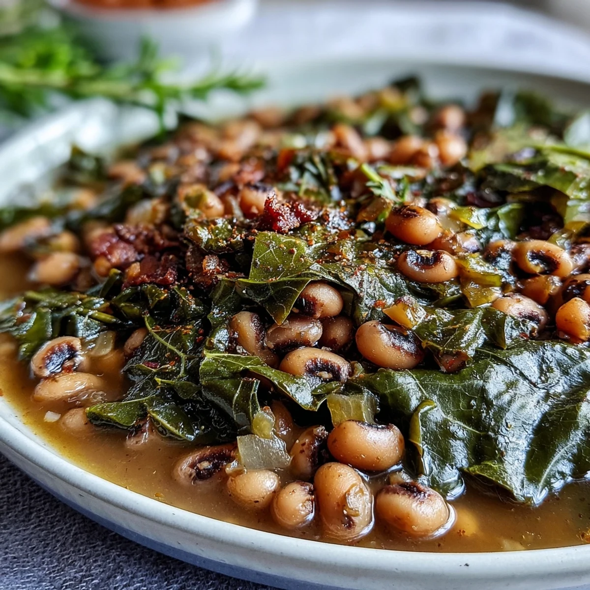 Close-up of tender black-eyed peas and silky collard greens, perfect for a Southern New Year's meal.