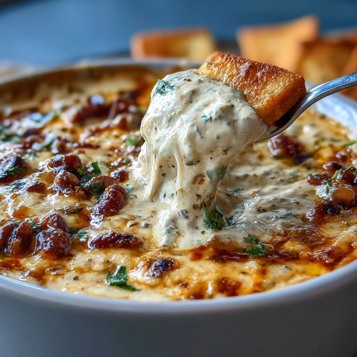 Creamy hot black-eyed pea dip with jalapeño and cumin, bubbling and golden from the oven.