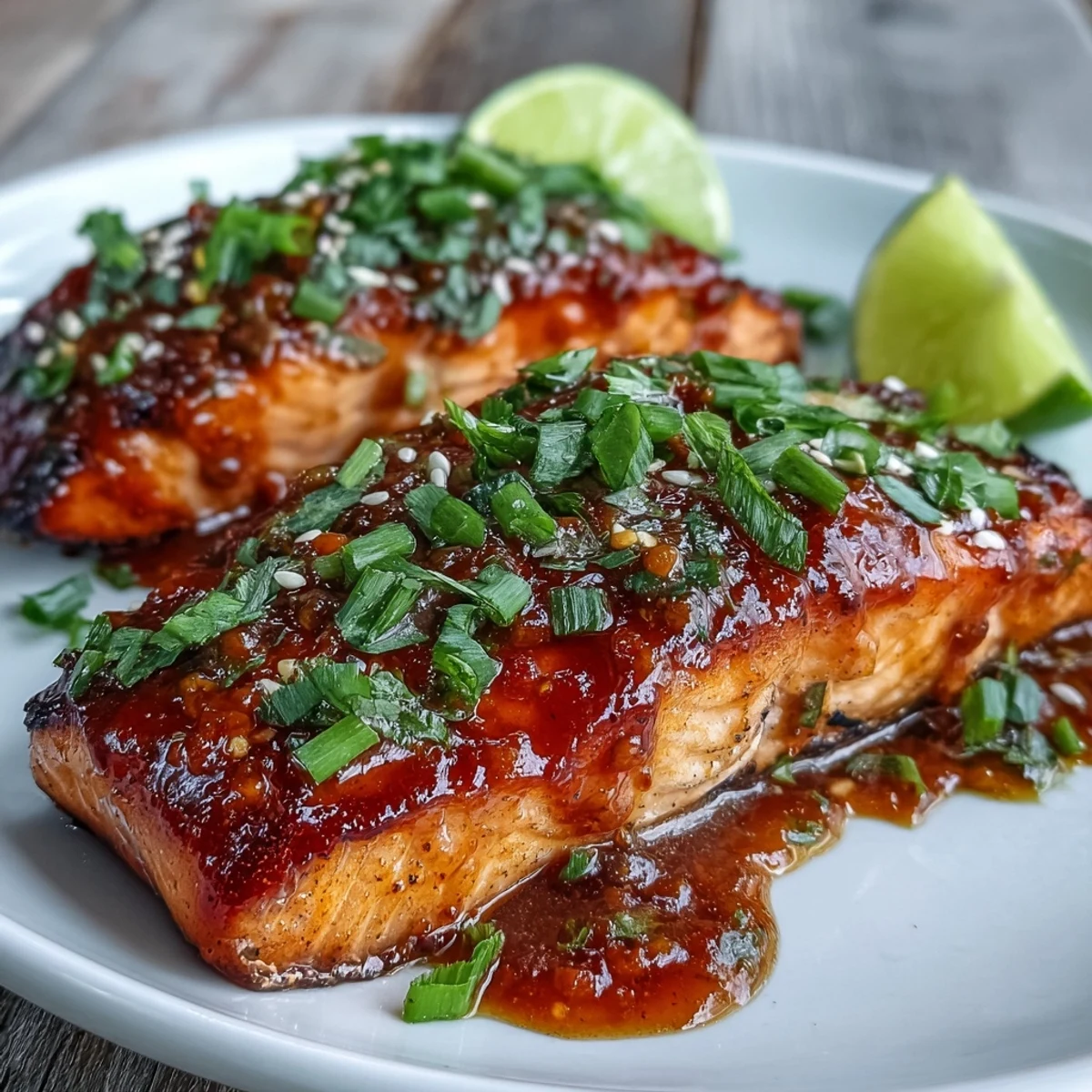 Sizzling pan-seared Bang Bang Salmon fillets showcase a crispy crust and vibrant pink flesh, ready to be served with fresh lime.