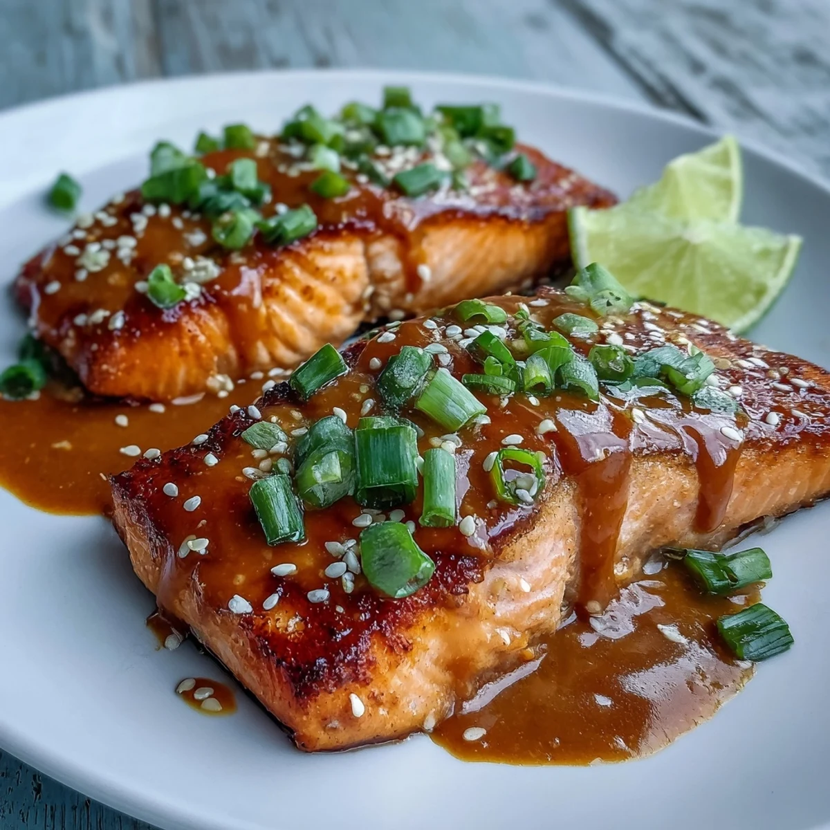 Golden-baked Bang Bang Salmon fillets are garnished with green onions and sesame seeds, drizzled with creamy spicy sauce over rice.