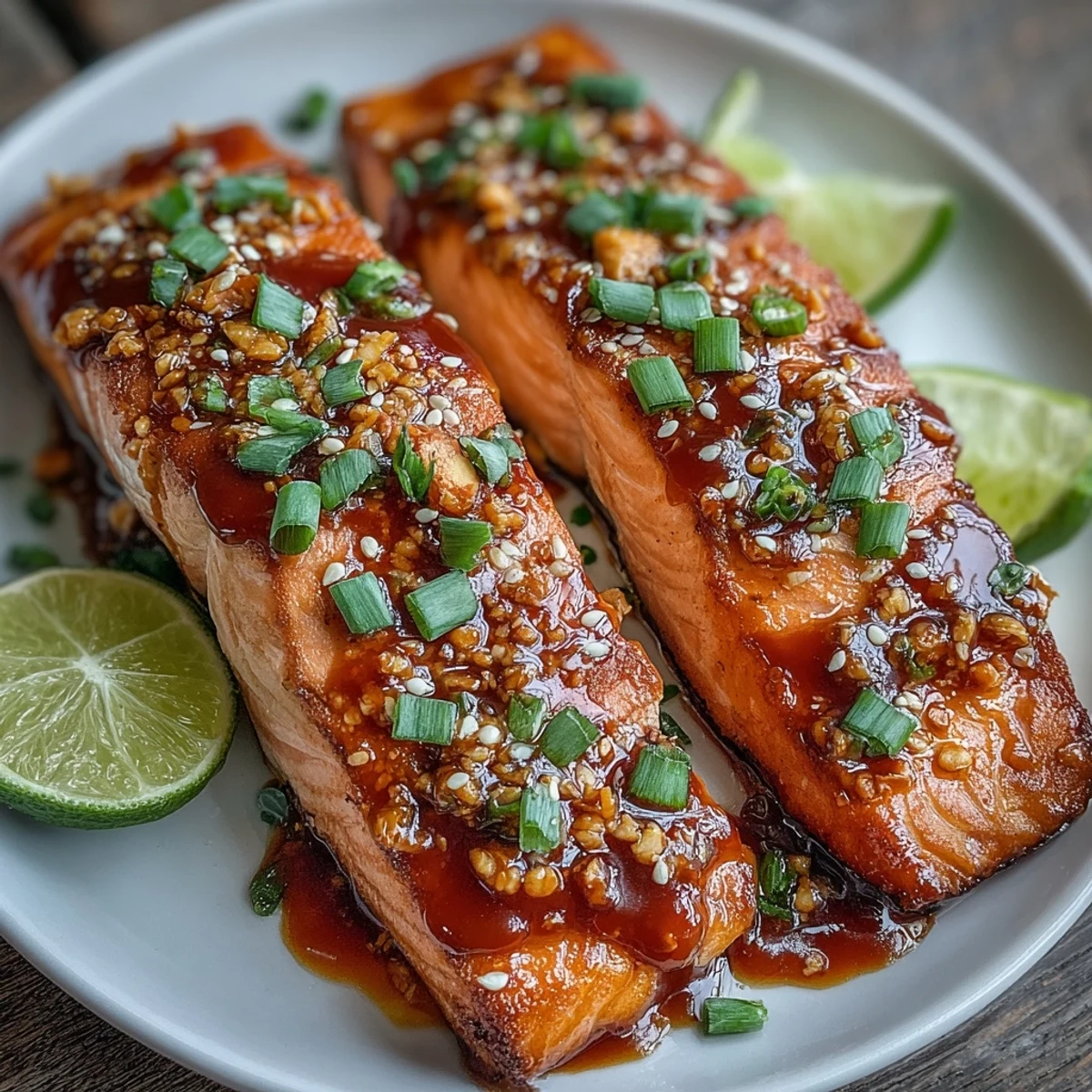 A close-up of Bang Bang Salmon highlights the luscious, creamy Bang Bang sauce coating the tender, flaky fish on a dinner plate.
