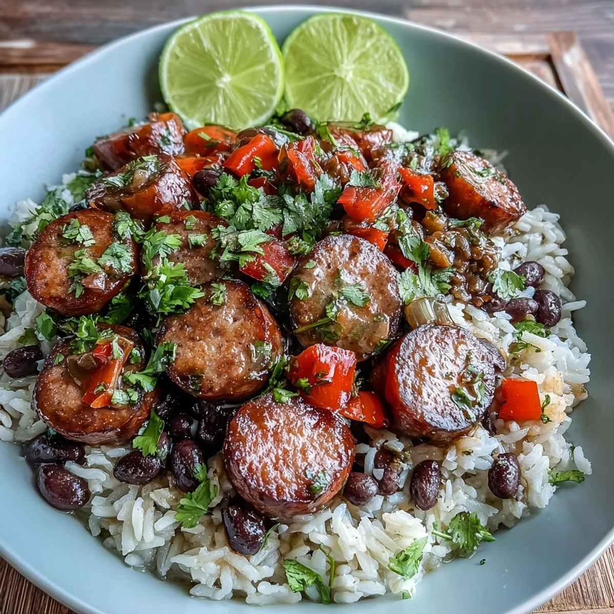 Golden-brown smoked sausage, tender black beans, and fluffy rice simmer together in a savory tomato base in this one-pan skillet meal.