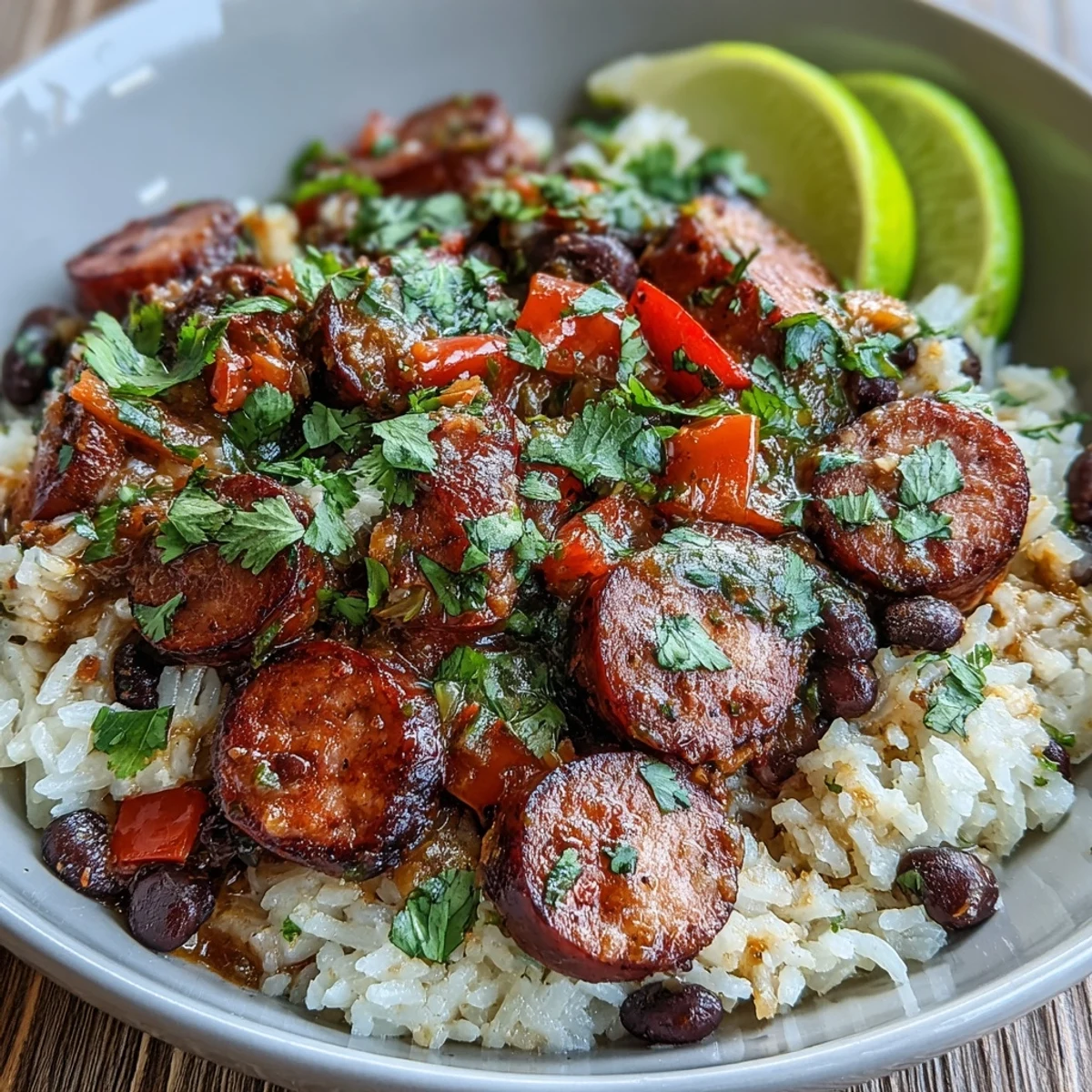 Hearty Black Beans, Sausage, and Rice Skillet served steaming hot in a cast iron pan, topped with fresh cilantro and lime.