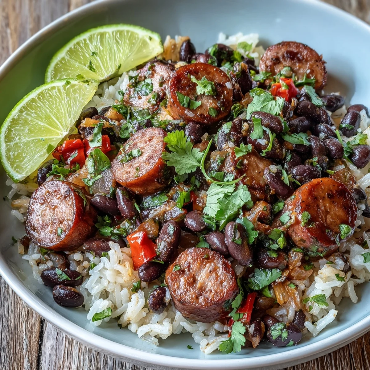A close-up shows fluffy rice and black beans mixed with diced peppers and smoked sausage, garnished with fresh cilantro and lime wedges.