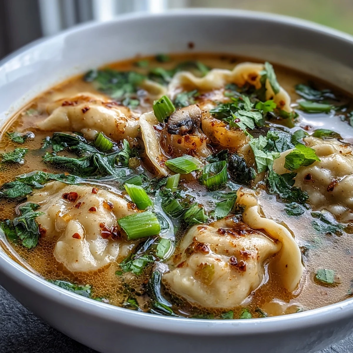 Spicy Quick Coconut Curry Soup with Dumplings topped with crunchy garlic and fresh herbs, a comforting bowl.