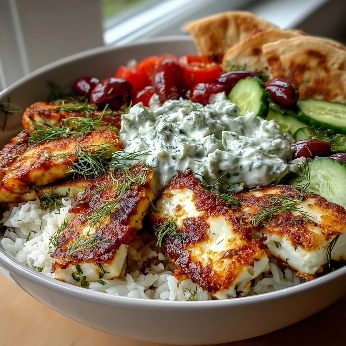Crispy golden seared halloumi sits atop fluffy rice in this Greek Halloumi Power Bowl, garnished with vibrant tomatoes and cucumber.