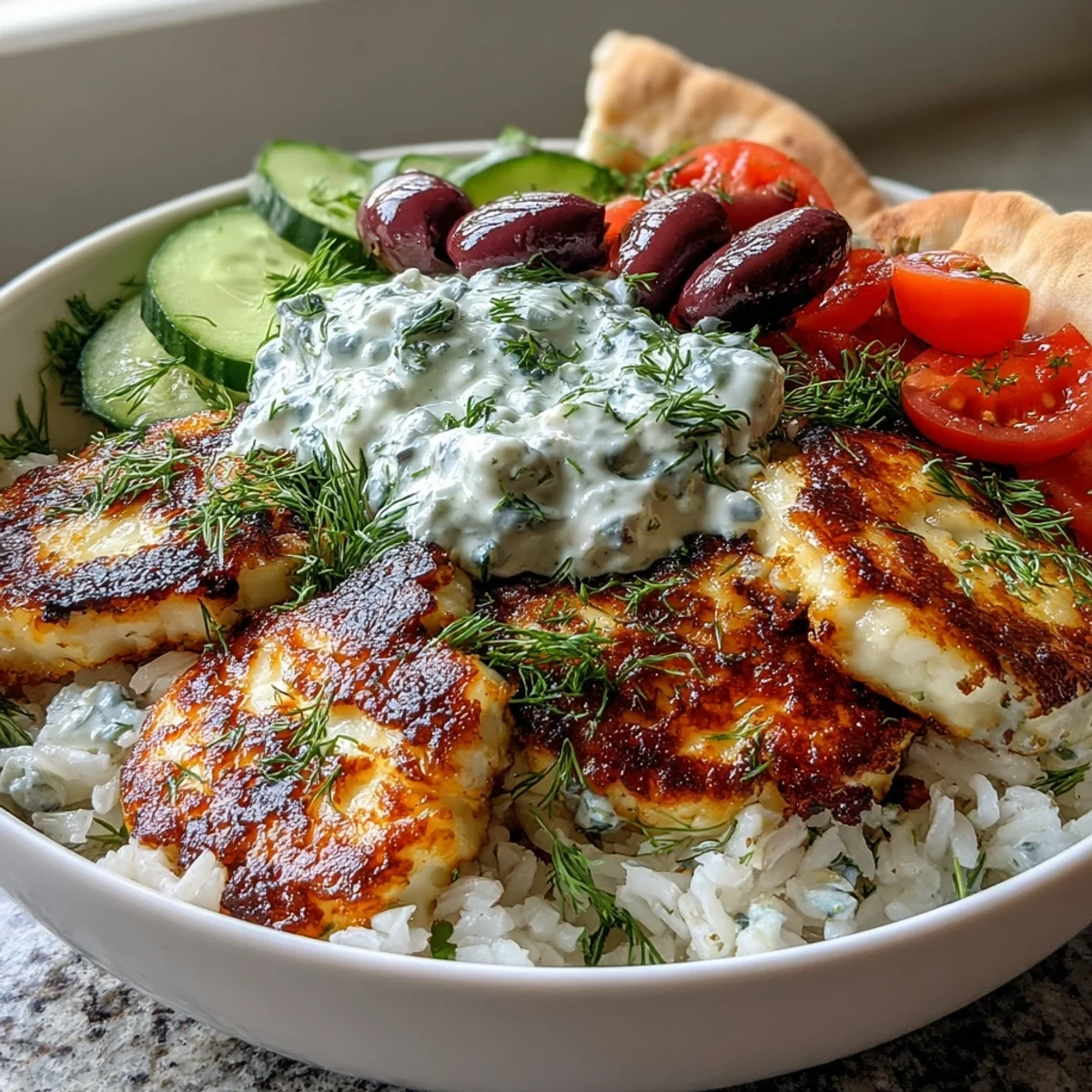 Fresh dill and Kalamata olives garnish the savory Greek Halloumi Power Bowl, packed with protein and crisp, colorful vegetables.