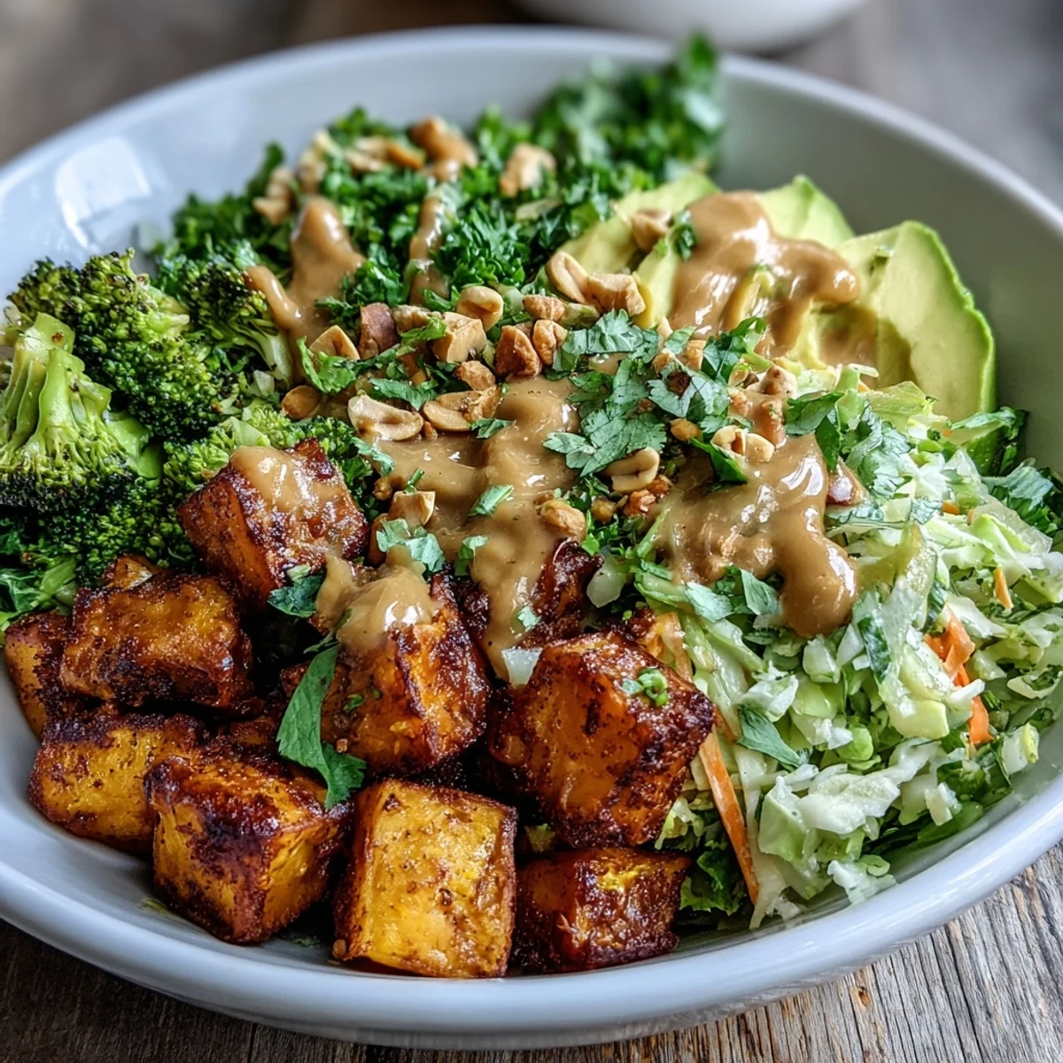 Golden roasted sweet potatoes, crisp broccoli, and creamy avocado in a Thai Peanut Sweet Potato Buddha Bowl, drizzled with rich peanut sauce.