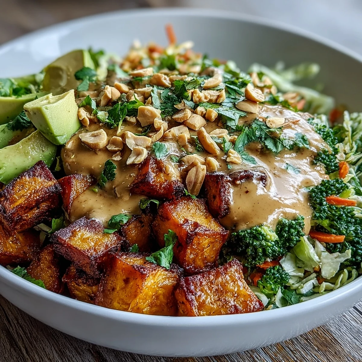 Vibrant, plant-based Thai Peanut Sweet Potato Buddha Bowl topped with cilantro, featuring a luscious peanut sauce and ready for a quick weeknight dinner.