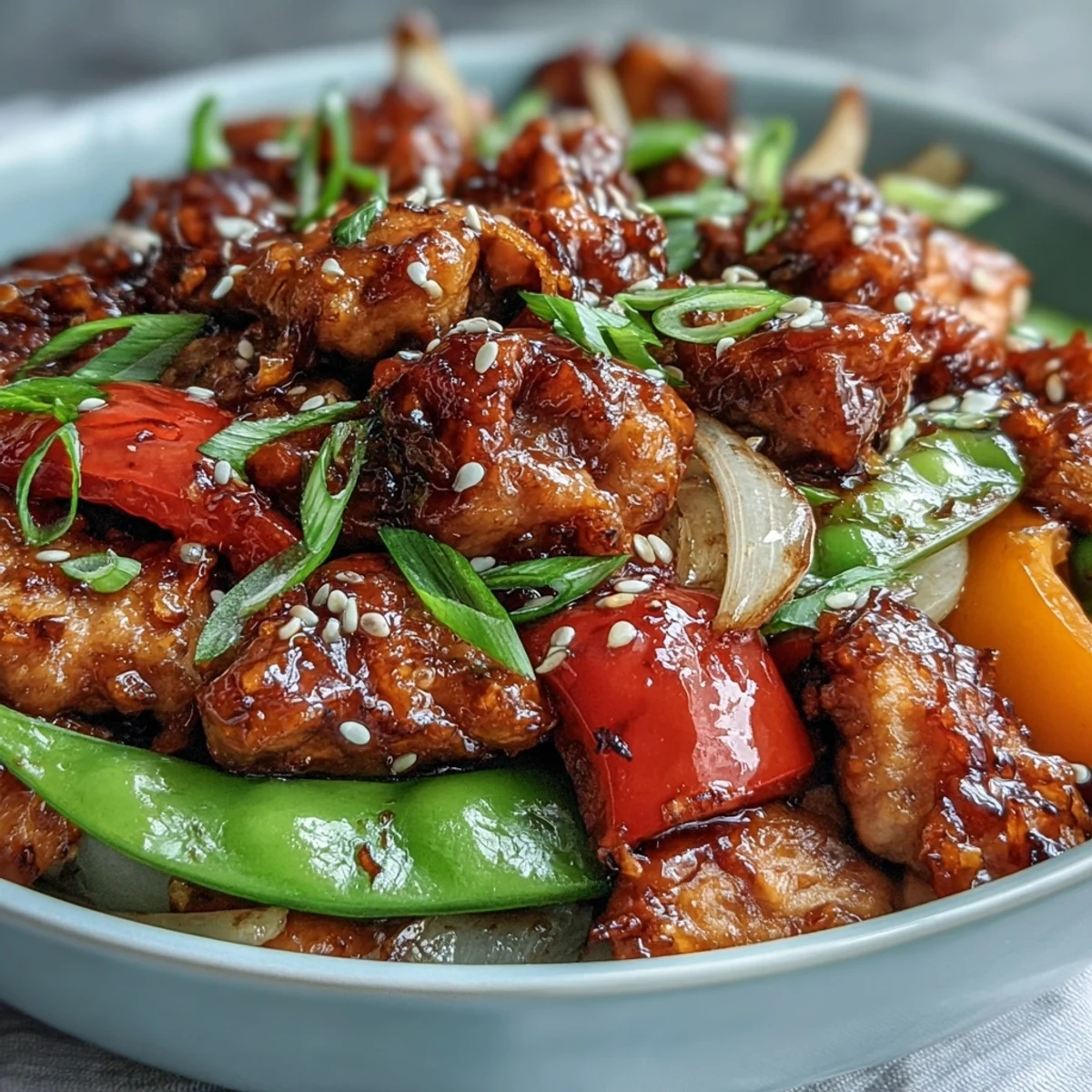 Golden-brown Spicy Sweet Chicken Diablo bites glistening with sticky sauce, served over fluffy jasmine rice with colorful peppers and snap peas.