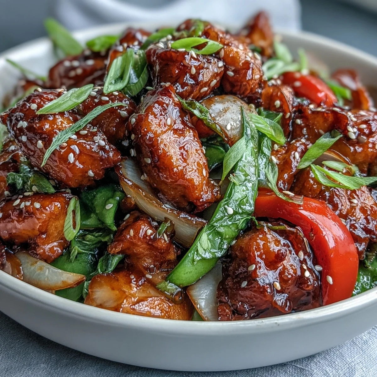 Hearty serving of Spicy Sweet Chicken Diablo plated with jasmine rice, garnished with sliced green onions and sesame seeds for a weeknight dinner.