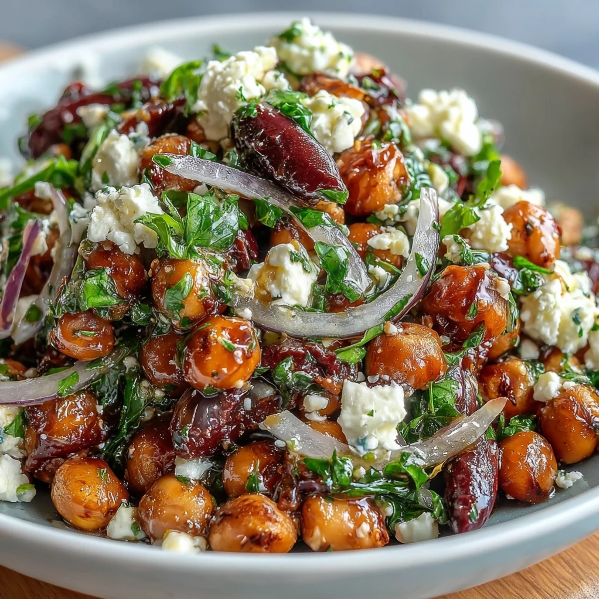 A vibrant Divorce Salad with marinated chickpeas, crumbled feta, and crisp red onion slices.