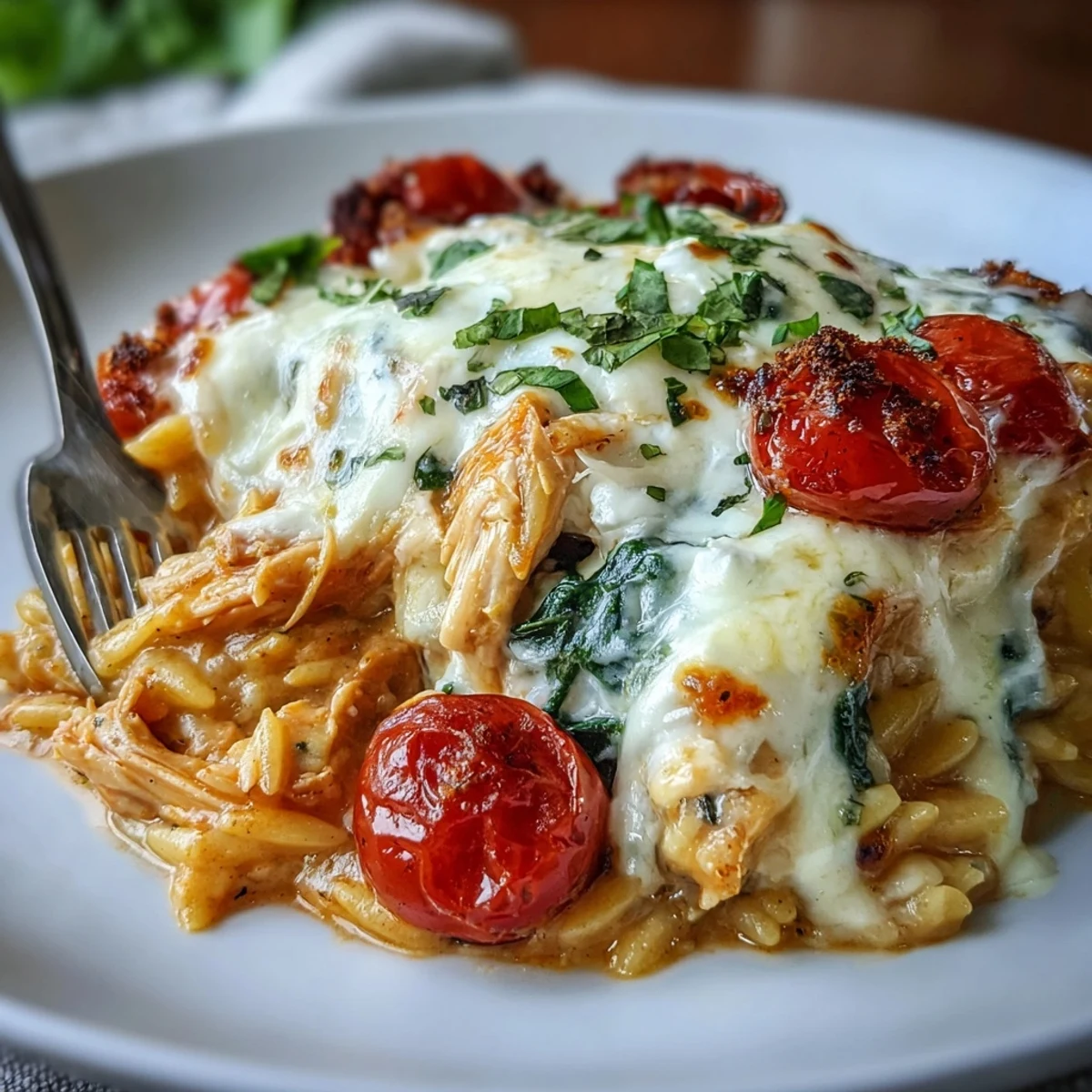 One-Pan Creamy Chicken Lasagna Orzo with ricotta dollops and fresh basil garnish in a skillet.