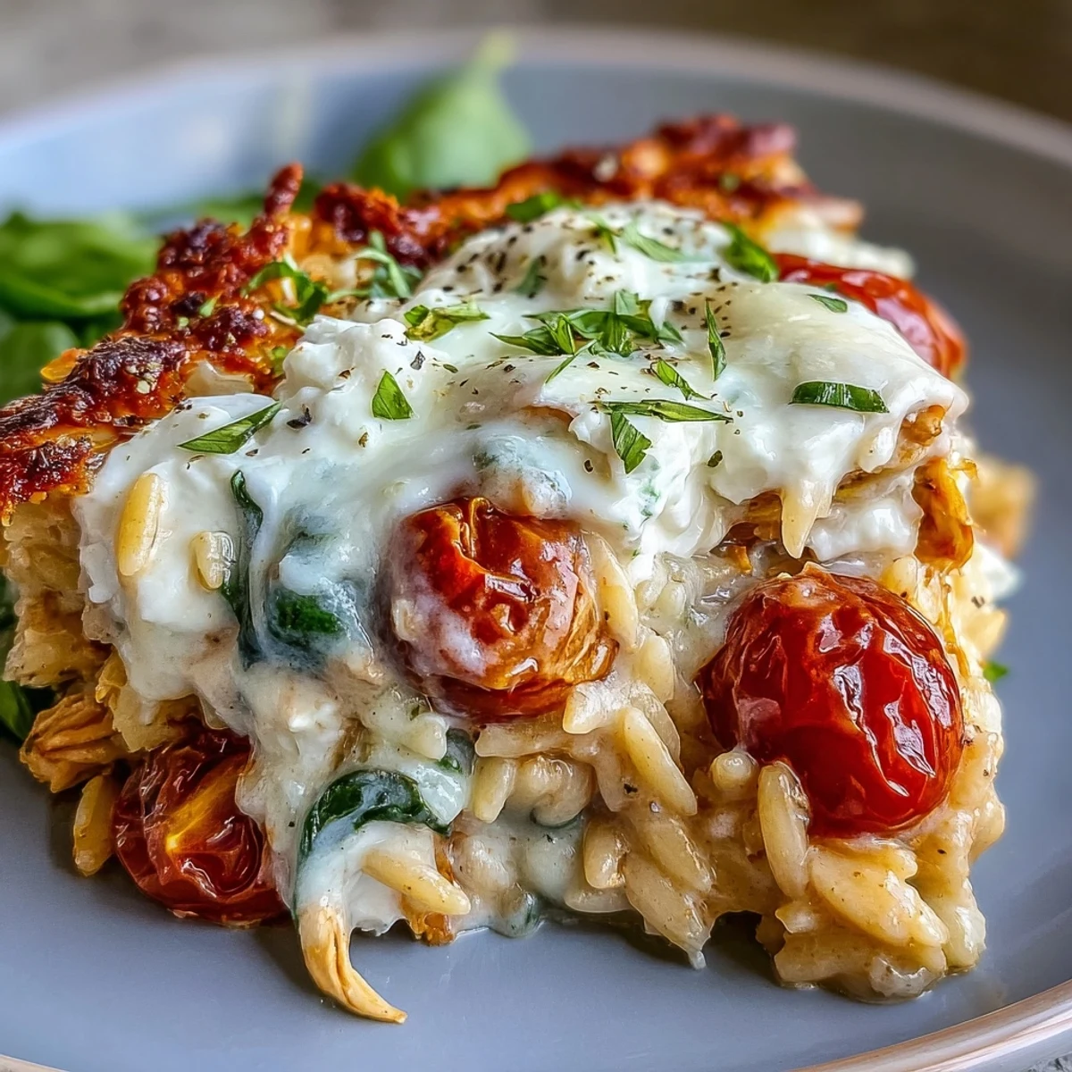 Steaming skillet of One-Pan Creamy Chicken Lasagna Orzo featuring spinach, tomatoes, and melted mozzarella cheese.