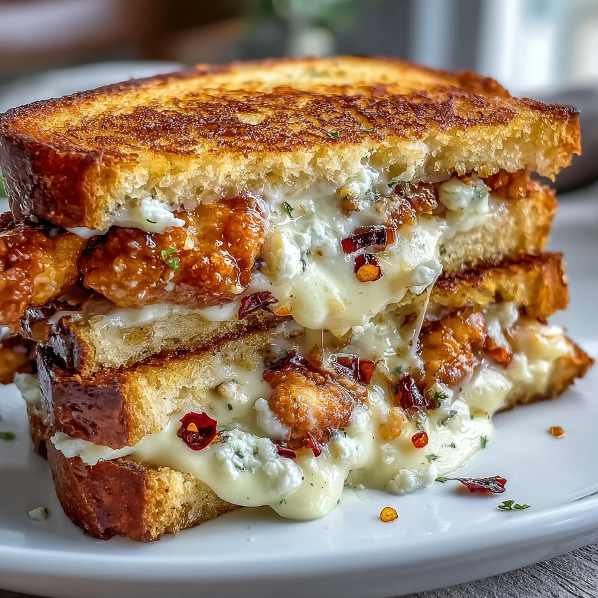 Crusty sourdough slices stuffed with creamy goat cheese and shredded chicken, drizzled with spicy hot honey.