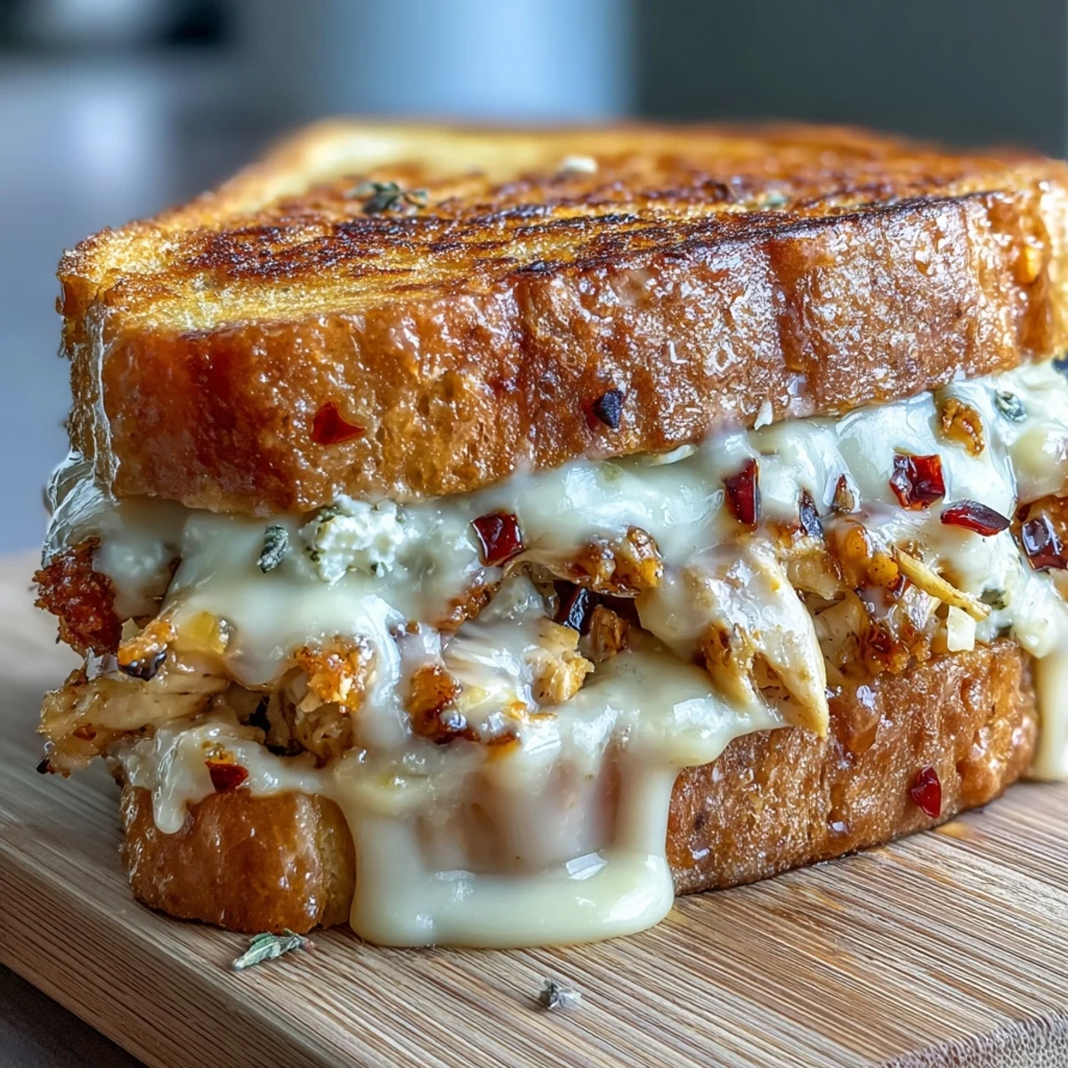 A close-up of a melty Goat Cheese & Hot Honey Chicken Grilled Cheese cut in half, revealing the filling.