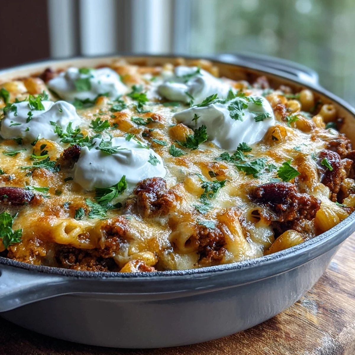 Golden-brown melted cheddar blankets a steaming skillet of Baked Ranch Turkey Chili Mac, topped with fresh cilantro and a dollop of sour cream.