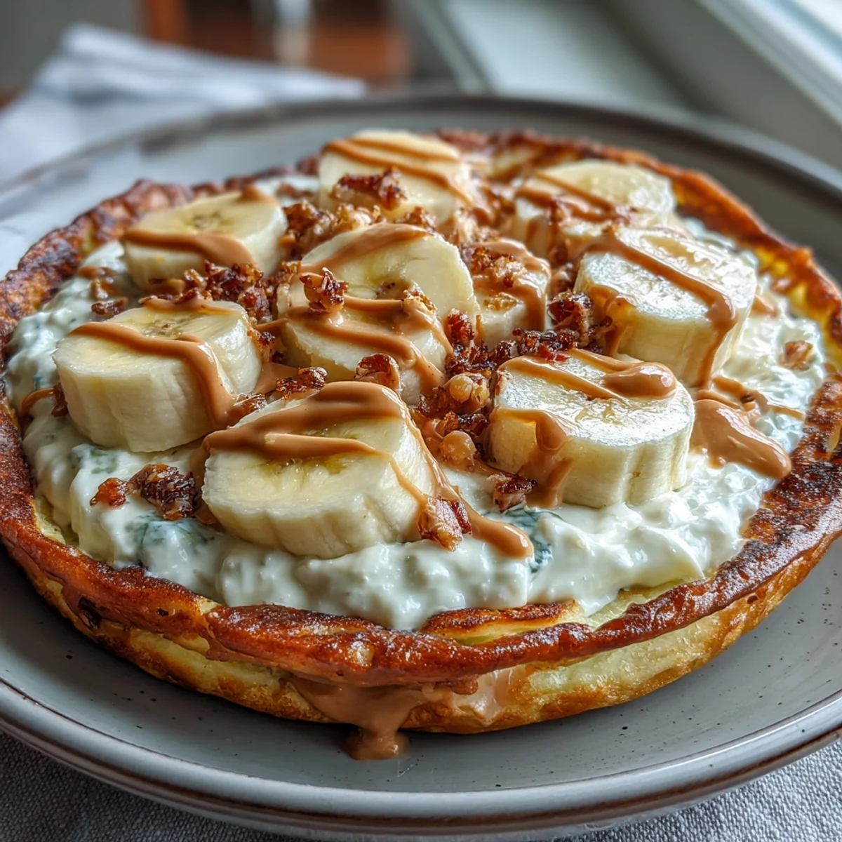 A freshly baked High-Protein Breakfast Pizza Bowl with a fluffy pancake base and warm peanut butter drizzle.