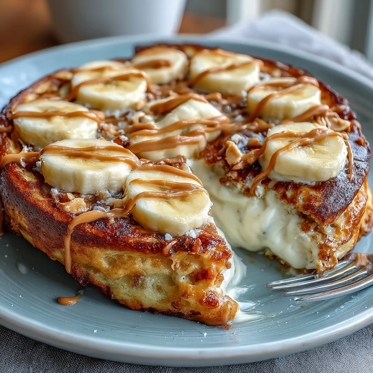 Golden-brown High-Protein Breakfast Pizza Bowl topped with creamy Greek yogurt, a peanut butter drizzle, and fresh banana slices.
