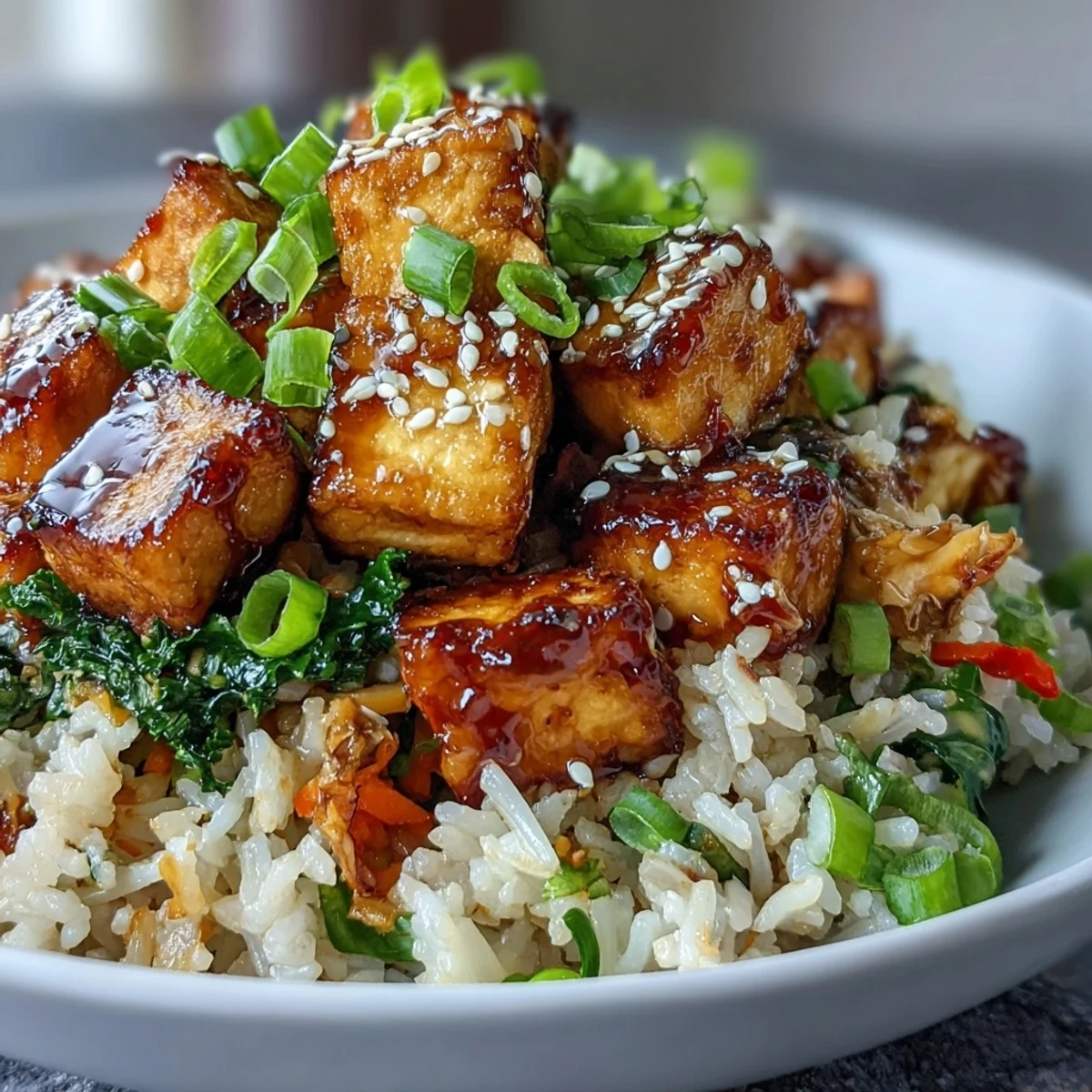 Crispy Sesame Tofu Fried Rice features golden tofu cubes and colorful vegetables piled high on a white plate.