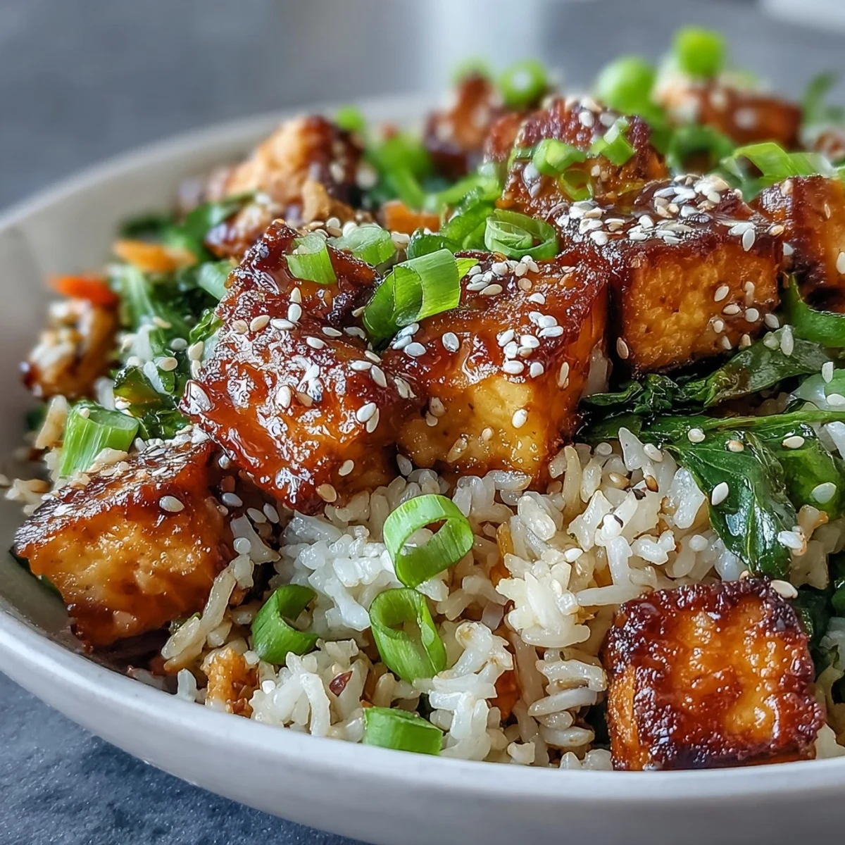 A close-up of Crispy Sesame Tofu Fried Rice with steaming rice, sesame seeds, and fresh scallions.