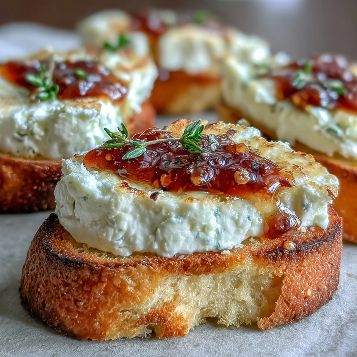 Crostini bites topped with a swirl of soft cheese and spicy-sweet honey, served on a rustic wooden board.