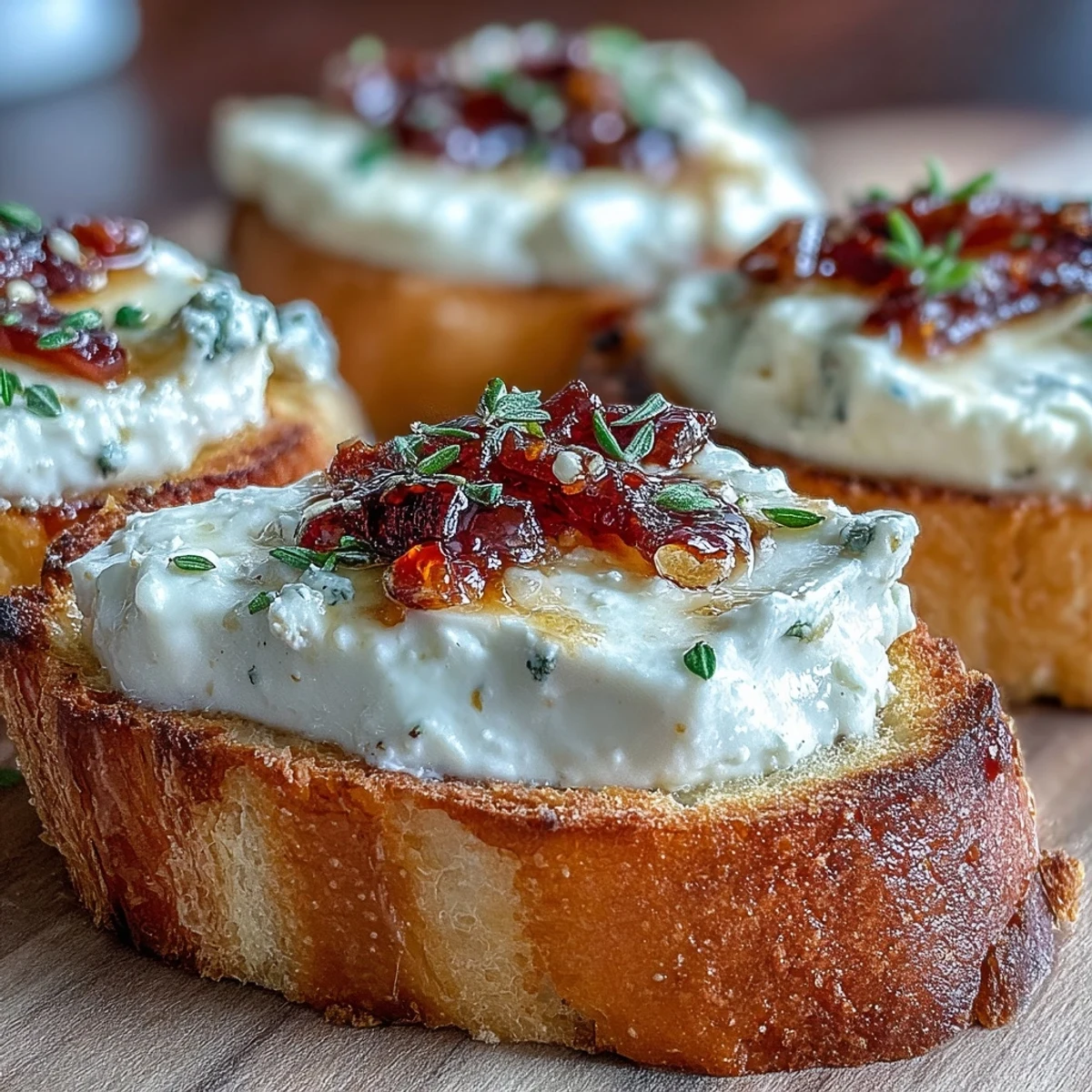 Oven-baked baguette slices spread with tangy goat cheese, finished with a vibrant red pepper flake honey glaze.