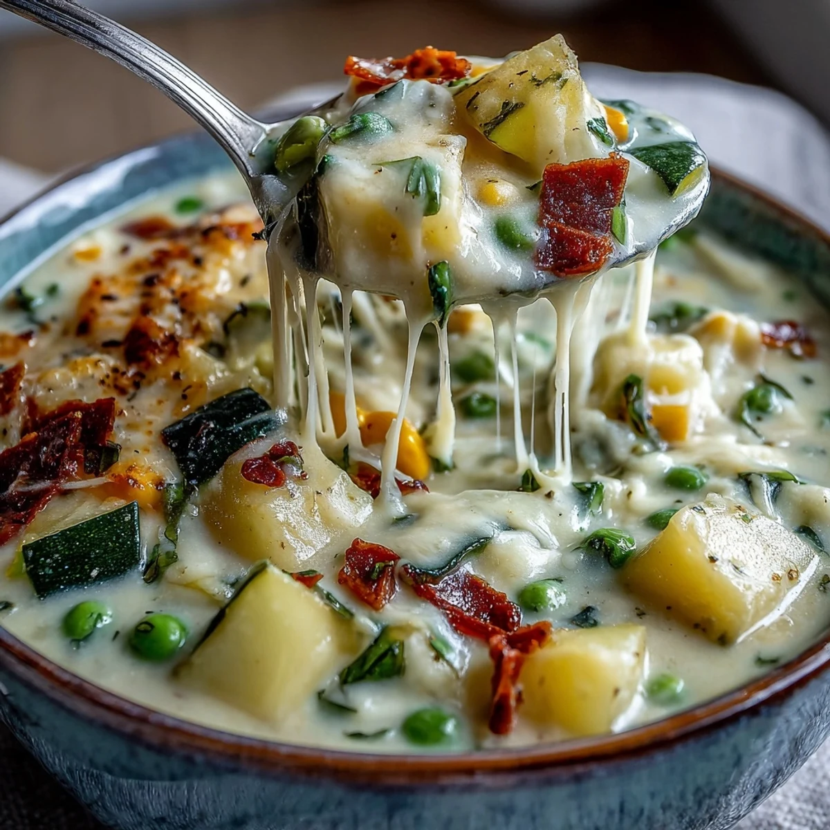 Creamy Garlic Parmesan Veggie Soup steams in a white bowl, topped with extra Parmesan, served with crusty bread for dipping.